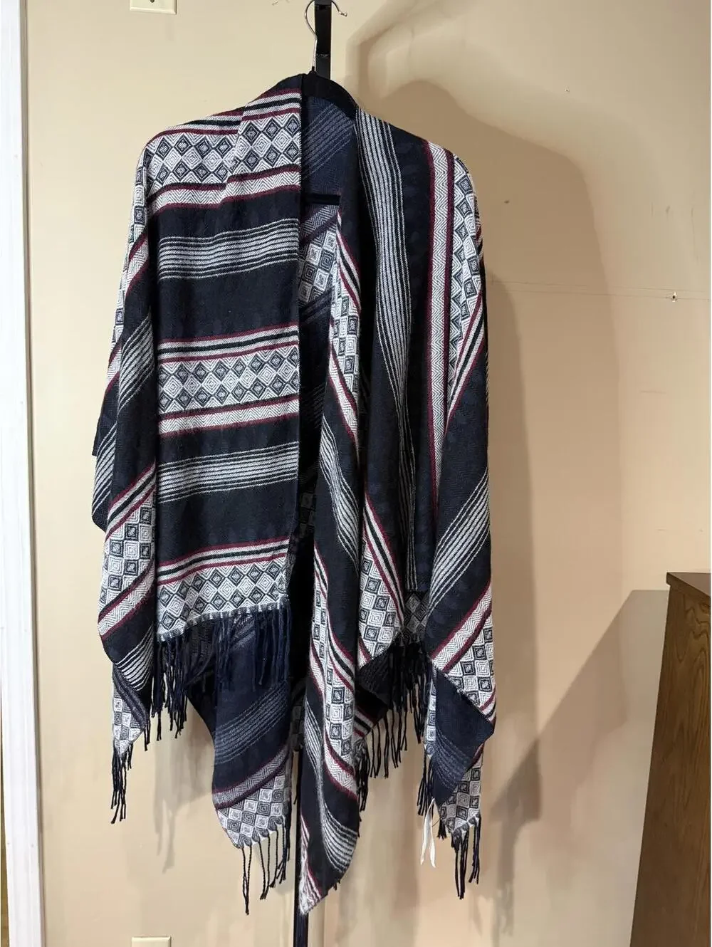 Women's Patterned Shawl Poncho with Fringe Detail